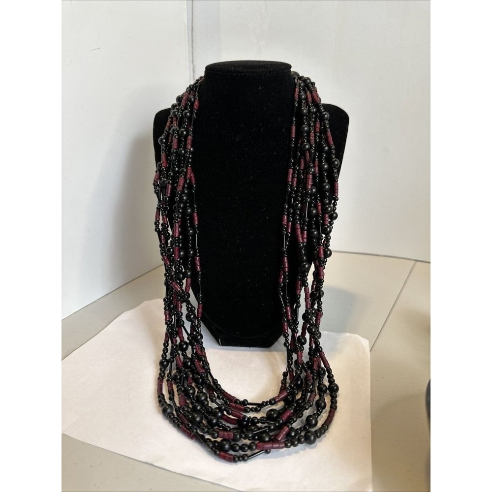 9 strand wood glass Beads  black purple 26” Necklace Vintage